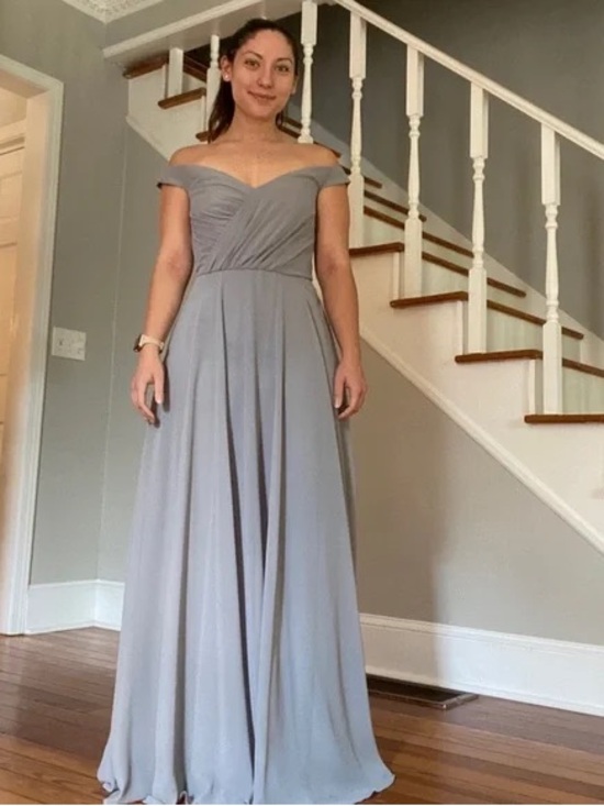 David's Bridal Dresses & Skirts - David’s Bridal Off-Shoulder Chiffon Maxi Dress Dusty Blue Size 6